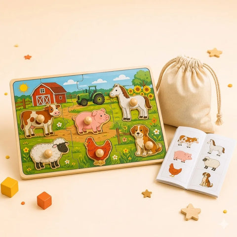 A wooden farm-themed peg puzzle for children, shown with its accessories on a light beige background.The Puzzle: Features colorful, chunky pieces with wooden pegs including a cow, pig, horse, sheep, chicken, and dog. The board depicts a farm scene with a barn, tractor, and sunflowers.Accessories: To the right, there is a small cream-colored drawstring fabric bag and an open booklet showing pictures of the animals found in the puzzle.Decorations: Scattered around are wooden building blocks and small wooden