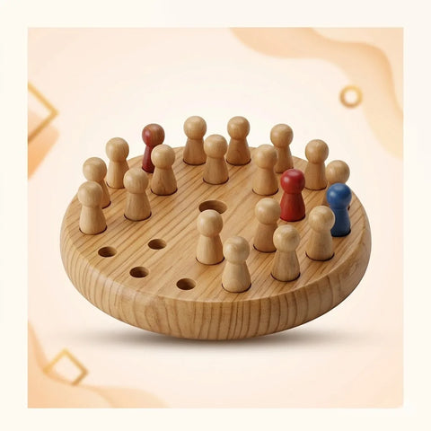 A circular wooden memory chess game with several wooden pegs inserted into holes and a few extra colored pegs lying beside it.