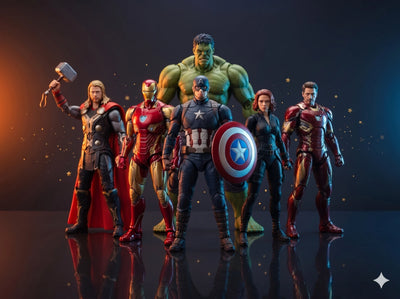 Collection of superhero action figures on a reflective surface with a dark background