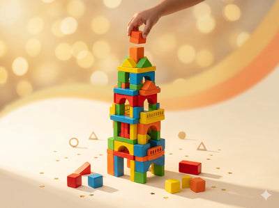 Colorful building blocks being stacked against a warm, blurred background