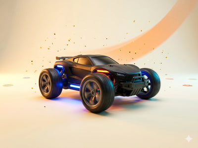 Black toy car with glowing wheels on a gradient background