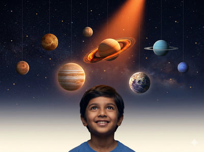 Child looking up at a model of the solar system with planets and a spotlight.