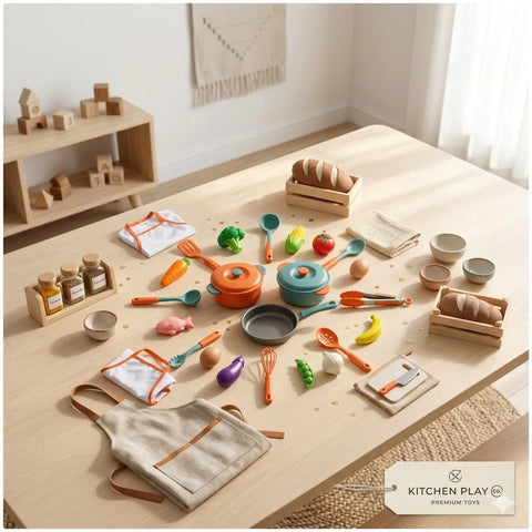 A comprehensive children's kitchen play set arranged on a wooden table, featuring toy pots and pans, realistic play food vegetables, cooking utensils, spice jars, and a fabric chef apron.