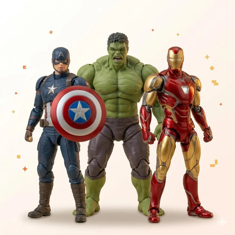 A group of three Marvel Avengers action figures—Captain America, the Hulk, and Iron Man—standing side-by-side against a light beige background. Captain America is on the left in his classic blue suit, holding his iconic star-spangled shield. In the center is a large, muscular, green Hulk in purple pants, posed with an angry expression. On the right is Iron Man in his sleek red and gold armor. Small, colorful geometric shapes and stars are scattered in the background.

