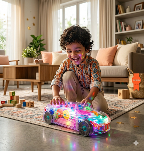 Transparent Gear Car Toy product packaging and feature overview for toddlers