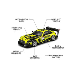 A yellow and black die-cast model race car shown on a white background with multiple callout labels pointing to features such as neon yellow body, drift spec wheels, front LED lights, 4WD drivetrain, and rechargeable battery.