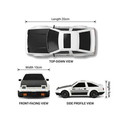 A white and black toy car shown with dimension labels from three angles: top-down view (length 20cm), front-facing view (width 10cm), and side profile view (height 5cm) on a light gray background.