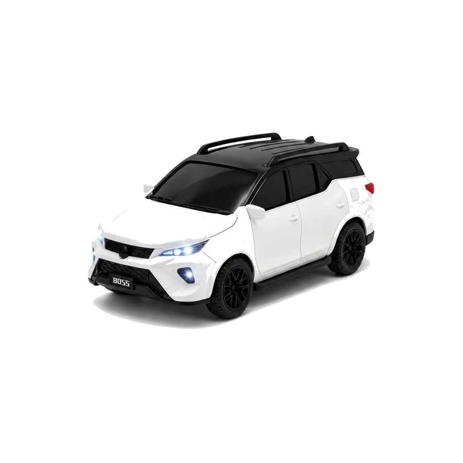 A white and black toy SUV car with black wheels and roof rack, shown on a clean white background.