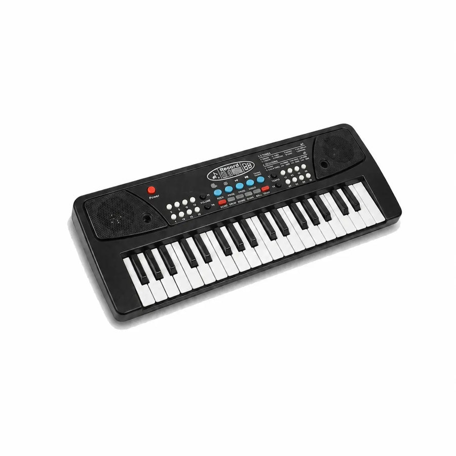 A black toy electronic keyboard with white and black keys, featuring a control panel with buttons and a red power switch, shown on a plain white background.