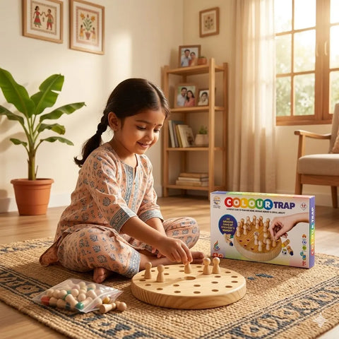A young Indian girl smiling and sitting cross-legged on a patterned jute rug, playing with a wooden circular memory chess game. She is placing natural wooden pegs into the board. Next to her is the "COLOUR TRAP" product box showing game instructions, and a small transparent pouch filled with extra colorful pegs. The bright, sunlit room features warm wooden furniture, framed wall art, and a potted banana plant in the background.

Option 2: Concise (Best for Standard Web Accessibility)
A young girl sitting on