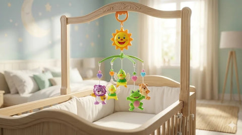 Baby Crib Mobile Toy installed on nursery crib with soft characters