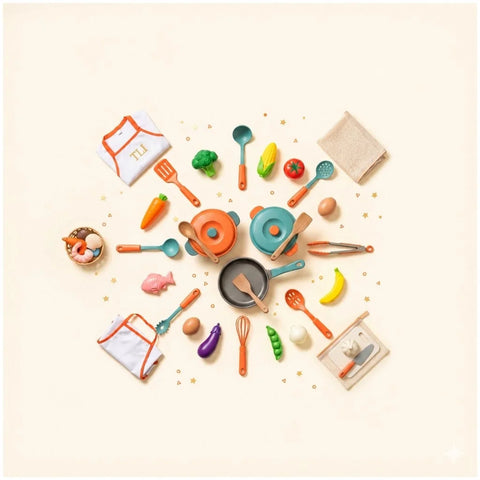 A flat-lay overhead view of a premium children's kitchen toy set arranged in a circular layout, featuring toy pots and pans, play food vegetables, cooking utensils, and a folded toy chef apron embroidered with "TLI."