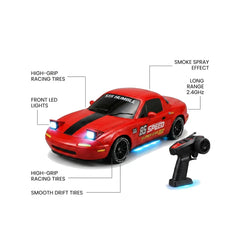 4WD Drift Racing RC Car with LED Lights, Smoke Spray & Dual Tires – 2.4GHz Remote Control Car for Kids