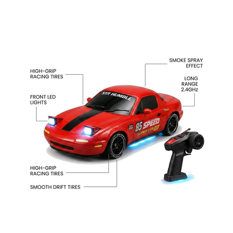 4WD Drift Racing RC Car with LED Lights, Smoke Spray & Dual Tires – 2.4GHz Remote Control Car for Kids
