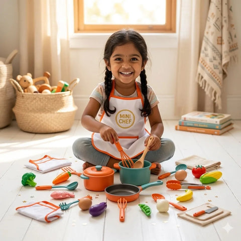 A smiling young girl wearing a "Mini Chef" apron playing with a premium children's kitchen toy set, featuring colorful toy pots, pans, cooking utensils, and play food scattered on a bright floor.