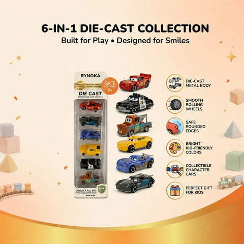 Die Cast Toy Cars Set close-up showing all 6 cartoon racing cars
