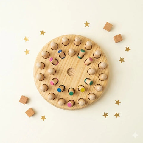 Flat lay product shot of a circular wooden memory chess board game filled with natural wooden pegs. Several pegs are turned upside down to reveal colorful painted bottoms in blue, pink, green, and yellow. The game board is centered on a light cream background, styled with small wooden blocks and scattered gold foil stars.