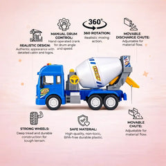 Toy Cement Mixer Truck close-up of construction vehicle design for kids