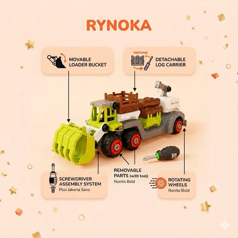 Construction Truck Toy close-up showing DIY assembly parts and logging crane