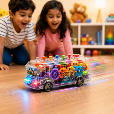 Transparent Gear Bus Toy product packaging and size overview for kids