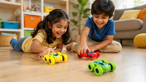 Double-Sided Flip Car product packaging and size overview for kids