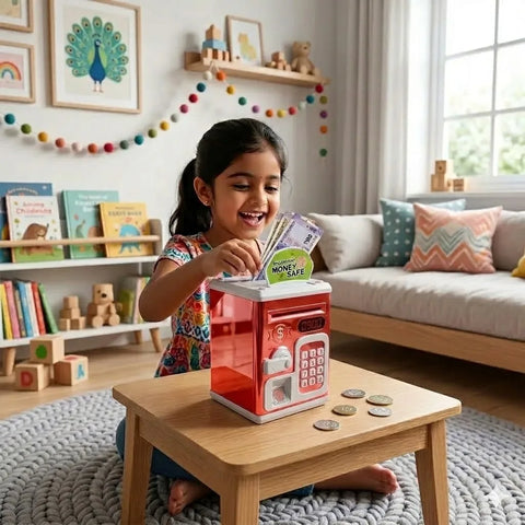 Kids Smart Piggy Bank product packaging and feature highlights