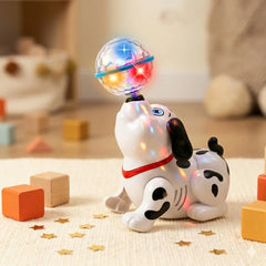 Toy dog with a glowing ball on its head in a playful setting with toys and blocks.