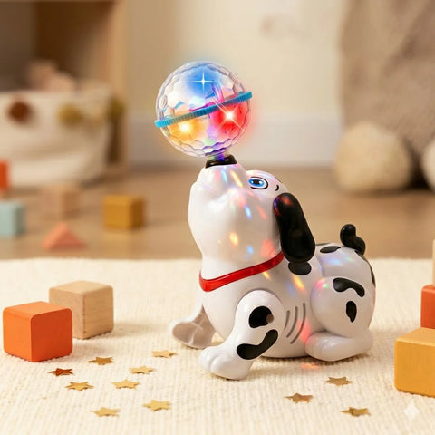 Toy dog with a glowing ball on its head in a playful setting with toys and blocks.