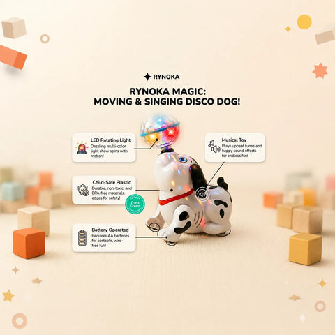 Rynoka Magic Moving & Singing Disco Dog toy with features highlighted on a beige background