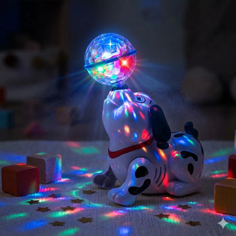 Toy dog with a disco ball on its head, emitting colorful lights on a carpeted floor.
