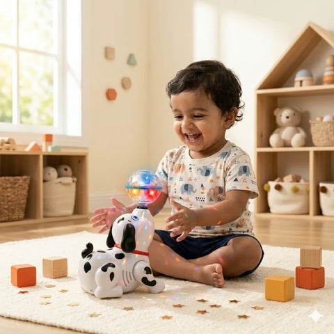 Child playing with a toy dog in a room with shelves and toys.