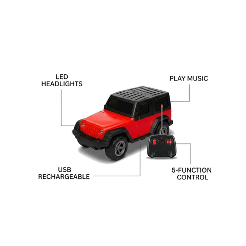 RC Off-Road Jeep Toy Car with LED Headlights & Music – USB Rechargeable 5-Function Remote Control Car for Kids