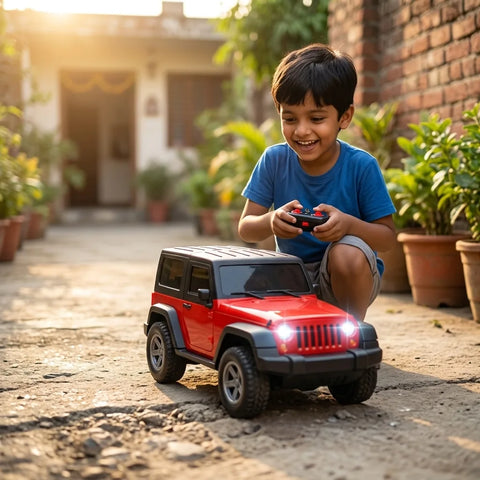 RC Off-Road Jeep Toy Car with LED Headlights & Music – USB Rechargeable 5-Function Remote Control Car for Kids