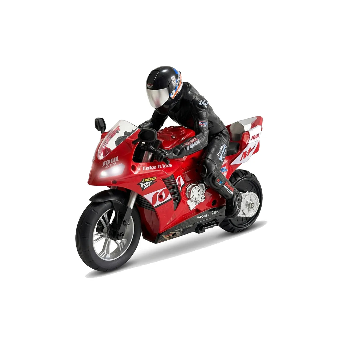 A red toy sport motorcycle with a rider figurine wearing a black racing suit and helmet, shown on a clean white background.