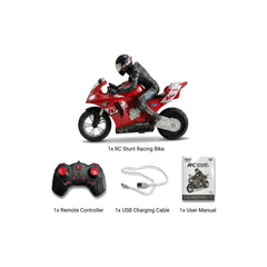 RC Stunt Racing Bike toy set shown with a red and white miniature motorcycle, a black remote controller, a white USB charging cable, and a user manual on a white background.