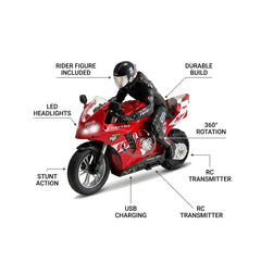 A red toy sport motorcycle with a rider figure and helmet, shown on a white background with multiple callout labels describing features such as LED headlights, stunt action, 360-degree rotation, RC transmitter, USB charging, and rider figure included.