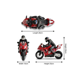 A red and black toy sport motorcycle shown from three angles with measurement arrows and labels indicating length 28cm, width 10cm, and height 20cm on a white background.