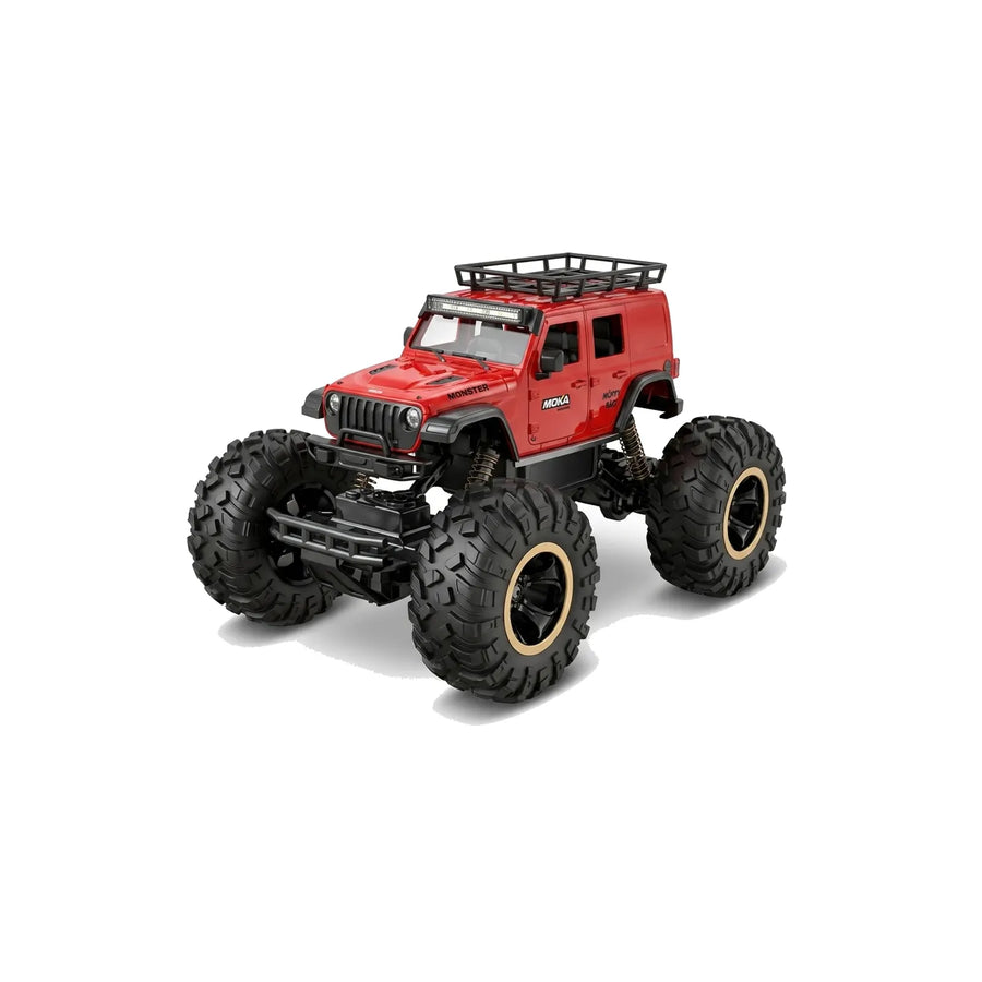Red toy jeep with large black wheels on a white background