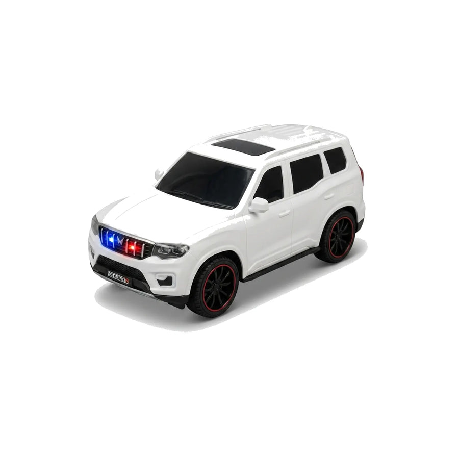 A white SUV toy car with black wheels featuring red accents and a blue/red light bar on the front grille, shown on a clean white background.