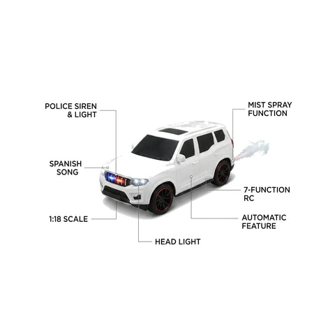 Scorpion Spray Mist RC SUV Car with LED Police Lights & Music – 1:18 Scale Remote Control Toy Car for Kids
