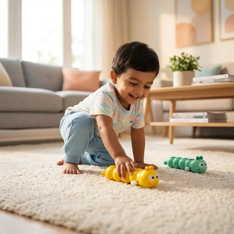 Child playing with toy caterpillars on a carpeted floor in a living room.