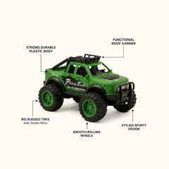 A product infographic of a green toy monster pickup truck with large rugged tires shown on a light cream backdrop. Text arrows point out key product features, including its durable plastic body, functional roof carrier, smooth-rolling wheels, big tires, and sporty design.