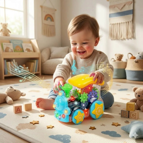 Child playing with a colorful toy car on a carpeted floor in a room with toys and books around.