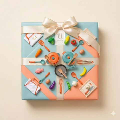 “Colorful kids pretend play kitchen set gift box with toy cookware, utensils, vegetables, and chef accessories wrapped in a premium ribbon package.”