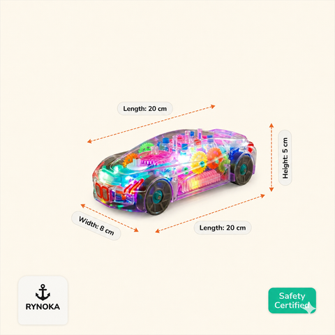 Transparent Gear Car Toy close-up showing internal moving gears and LED lights