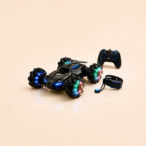 A black RC stunt car with glowing LED wheels, accompanied by a handheld remote and a gesture-sensing wrist controller.