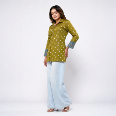 Rynoka Women's Olive Bandhani Print French Crepe Shirt Top