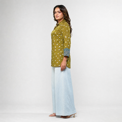 Rynoka Women's Olive Bandhani Print French Crepe Shirt Top