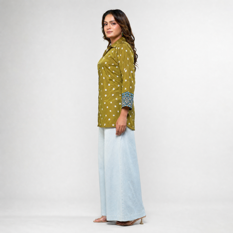 Rynoka Women's Olive Bandhani Print French Crepe Shirt Top