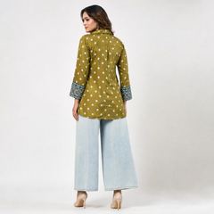 Rynoka Women's Olive Bandhani Print French Crepe Shirt Top